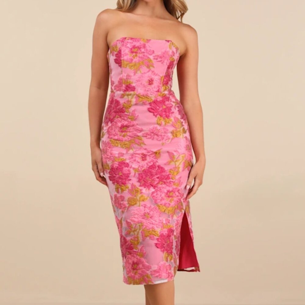 NWT | Lulus Upgraded Event Pink Jacquard Strapless Bustier Midi Dress
